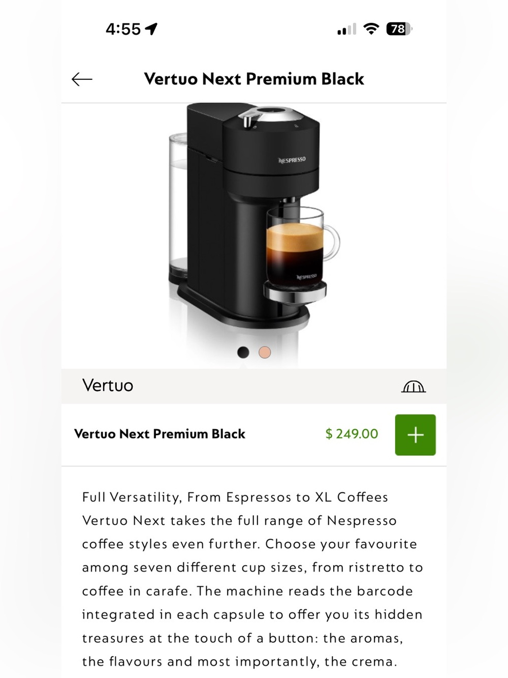 Nespresso Vertuo Next Premium Black Espresso Machine $120